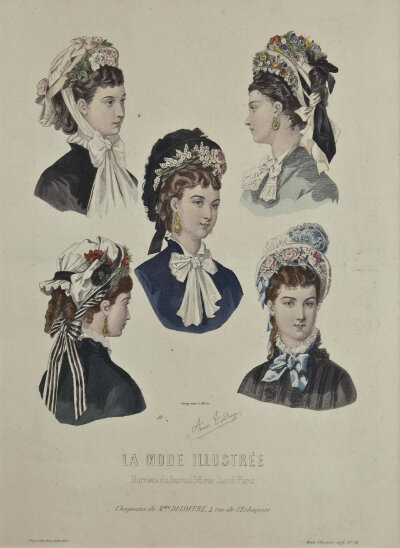 十九世纪七十年代的发型与帽子时尚图,这一时期的头部造型最为精巧且