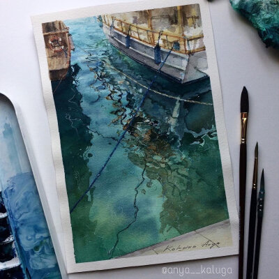 水彩水面海面