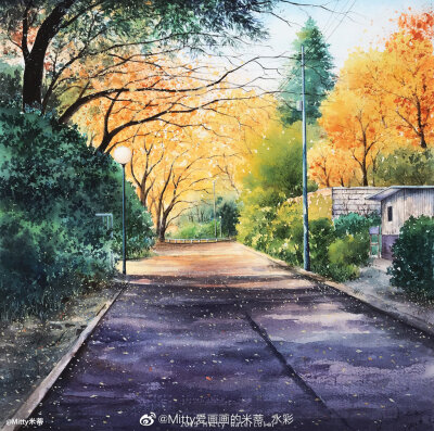 【米蒂水彩风景】#遇见艺术# 一幅唯美浪漫的秋天系列水彩作品《秋の