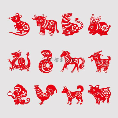 中国传统新年春节剪纸艺术十二生肖窗花贴纸