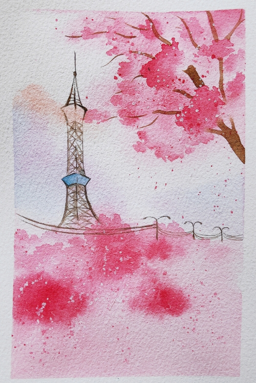 水彩樱花巴黎