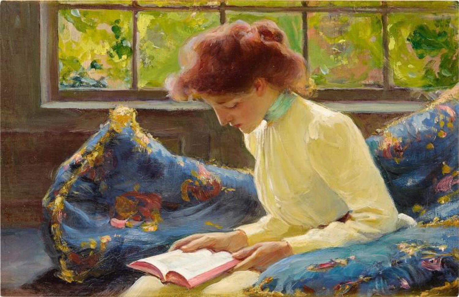 坐窗边读书的女人(捷克画家弗朗齐歇克·德沃夏克作品)