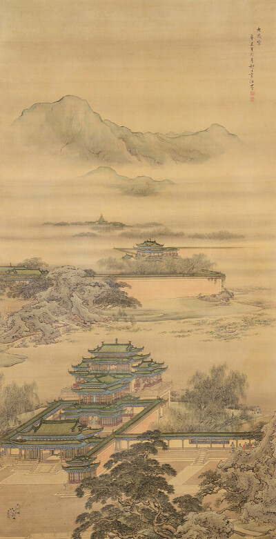 画面布局从远处的城墙到蜿蜒出画面的山石,再到画面前景的九成宫,形成