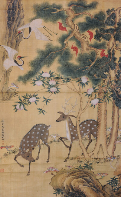 结着九个桃子的桃树,飞翔于其间的四只蝙蝠,飞于半空中的两只仙鹤,地