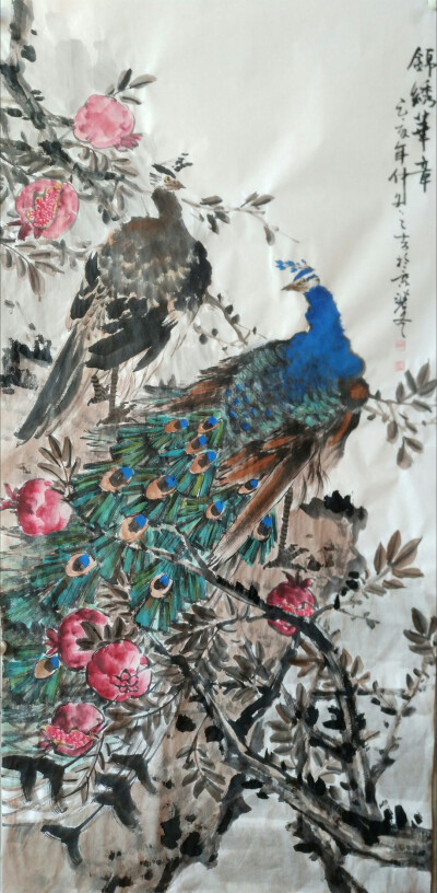 写意国画重彩孔雀四尺138*69cm