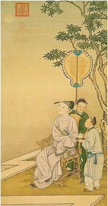 康熙年间的宫廷画家冷枚创作的《文士赏月图》