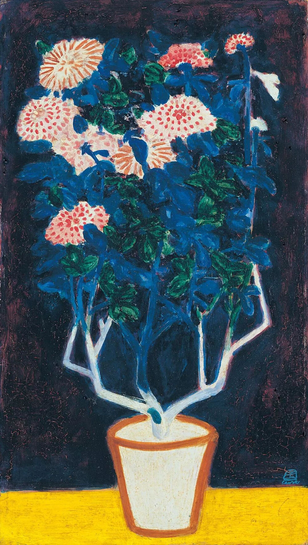 常玉《盆菊》,油画,纤维板,41.5×23.8cm,1940年