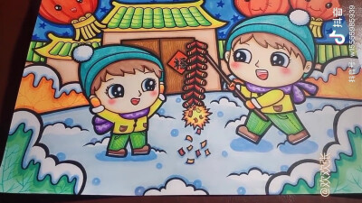 春节景象儿童画图片