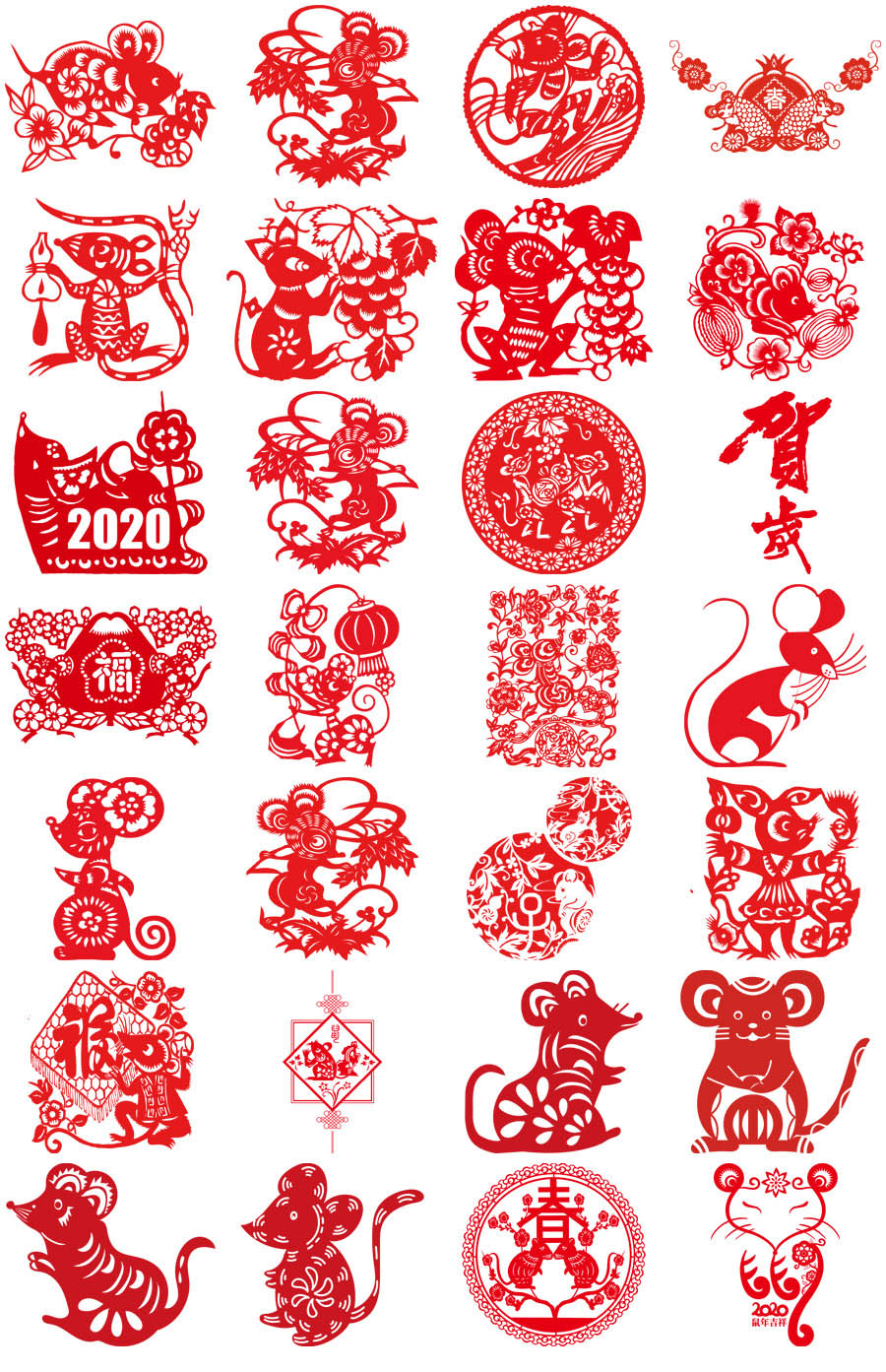 鼠年中国红色新年春节喜庆装饰窗花剪纸插画ai矢量设计模板素材