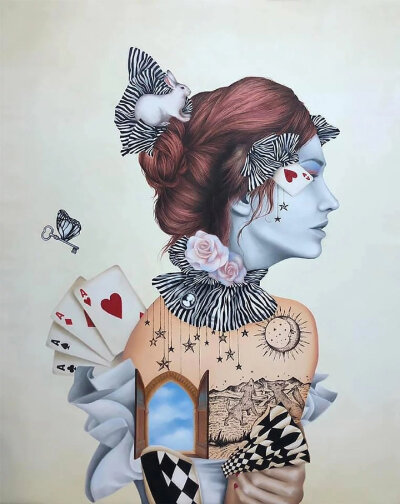 他在画布上绘制的油画和看起来像多层拼贴画的手绘