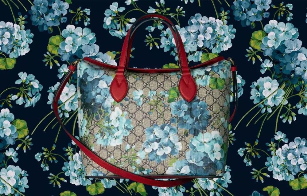 蓝色天竺葵花与典雅的gucci标志交叠映衬gucci