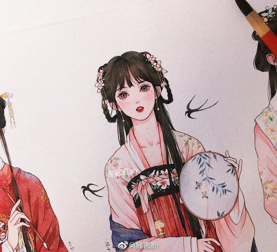 手绘##水彩##插画# 作者:@官官an | 水彩画古风女子,有认出来的吗?