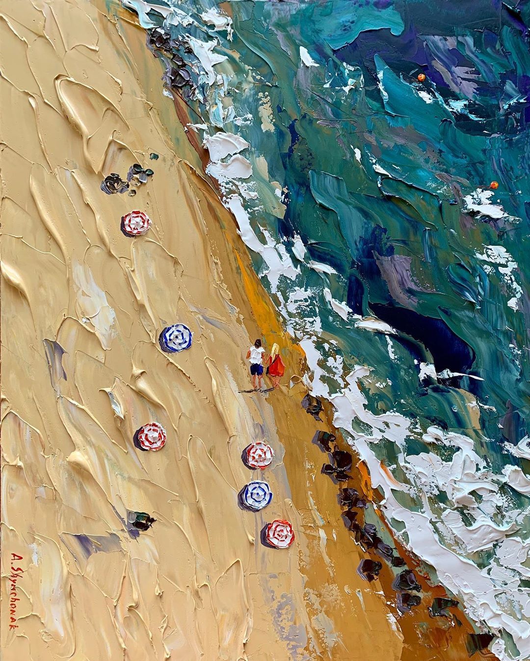 抓住夏天的尾巴,海滩边的度假时光:alena shymchonak油画作品
