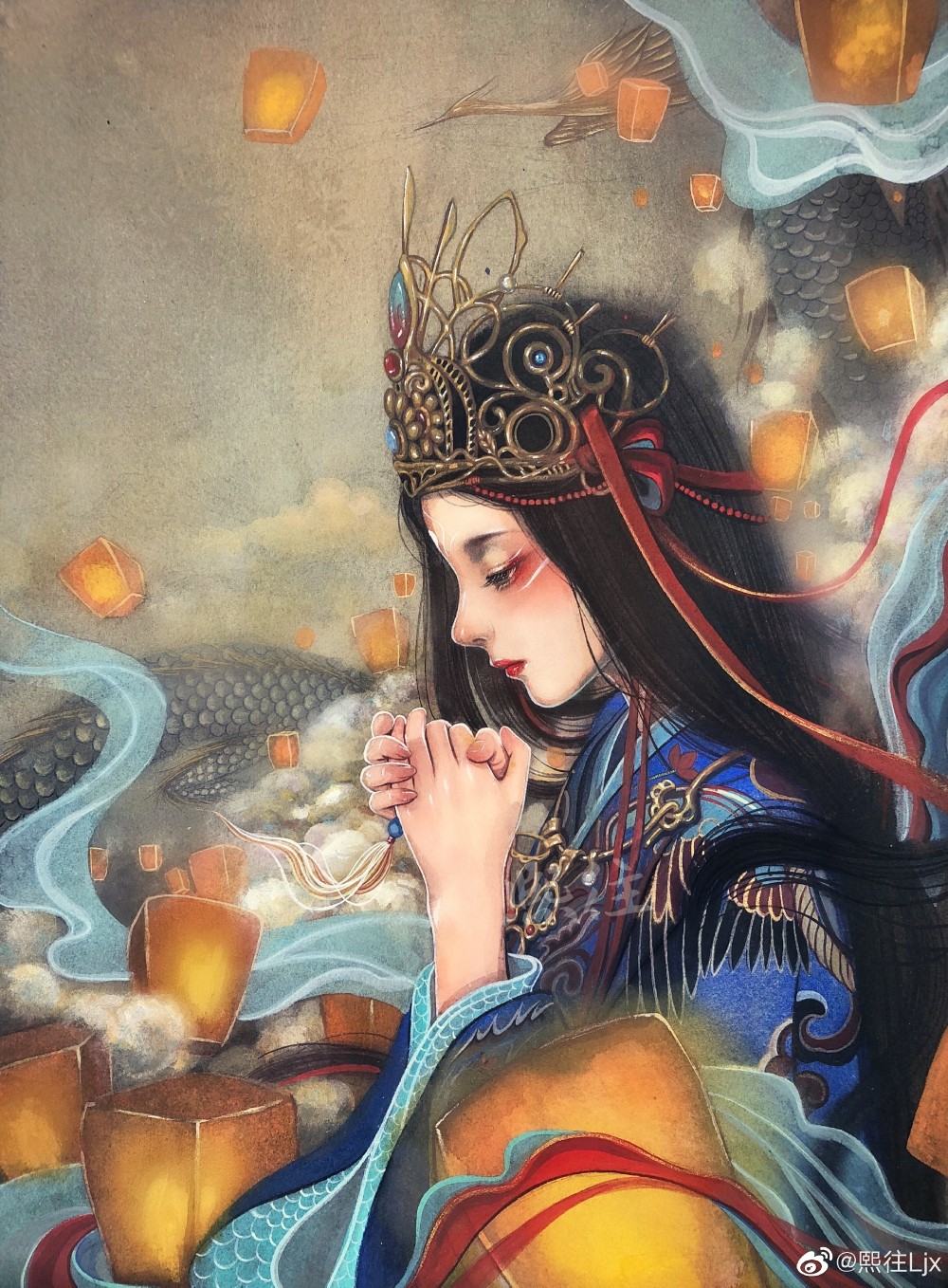 古风水彩插画人物,作者:熙往ljx