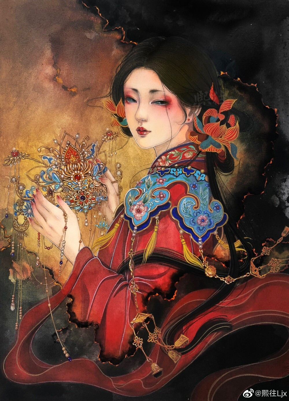 古风水彩插画人物,作者:熙往ljx