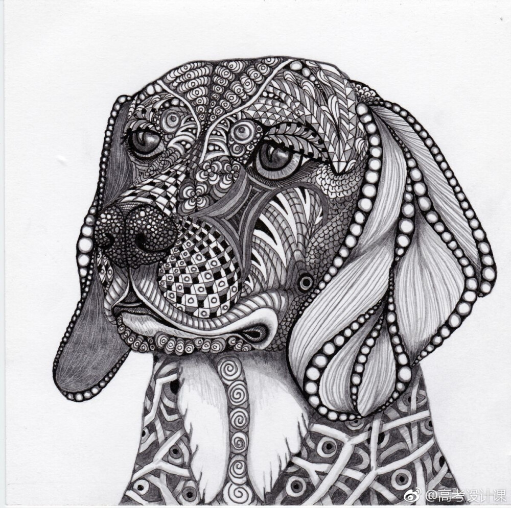 一组可爱的狗狗,黑白缠绕画,via:高考设计课
