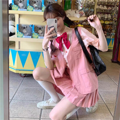 网红可盐可甜风元气少女套装泫雅两件套甜美学院风粉色衬衫百褶裙