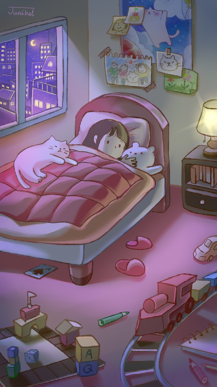 女孩与猫咪 插画 画师junibel作品