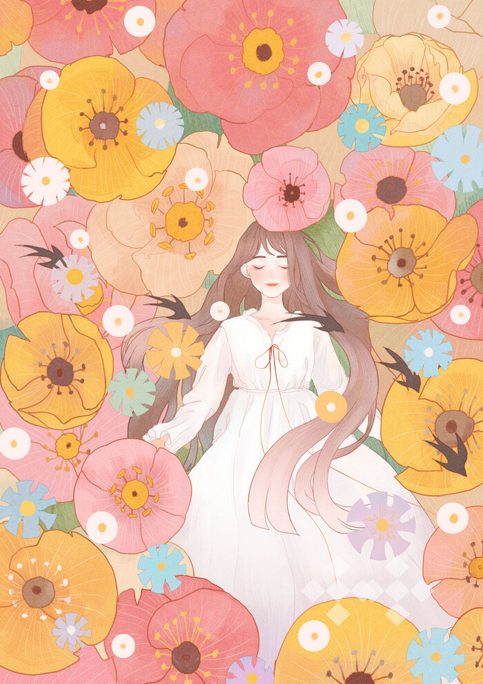 少女 花 水彩 插画 by 哈鲁