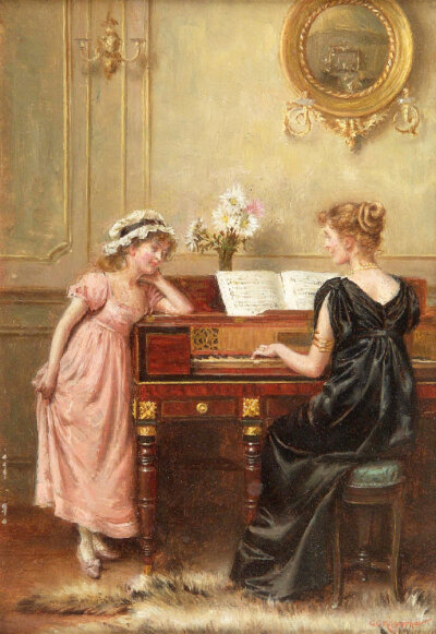 油画钢琴前的女人图片