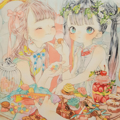 七神mana 日本画师 美少女 萝莉 线稿 彩铅 水彩 二次元 糖果色 小