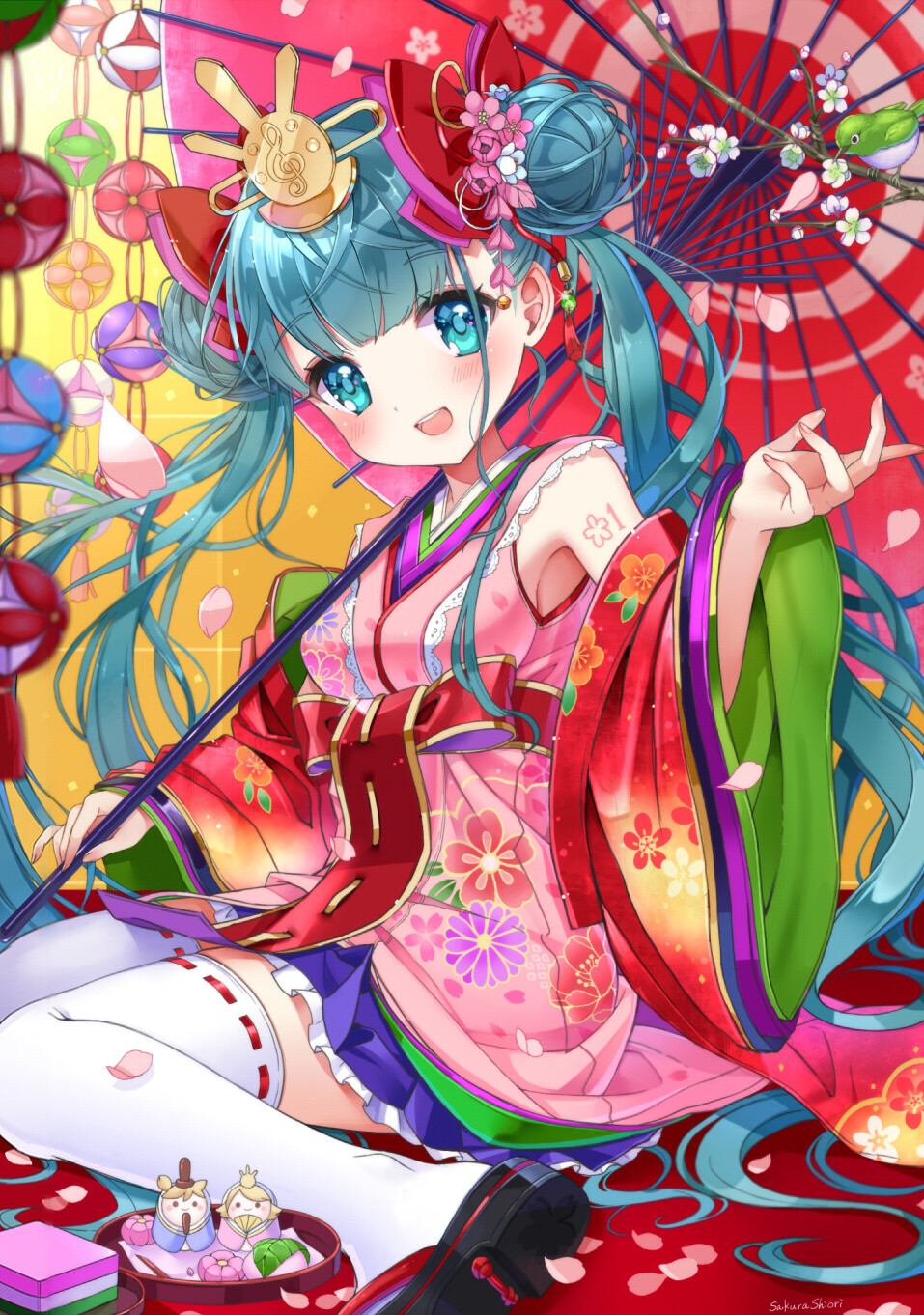 二次元 少女 蓝绿色双马尾 蓝绿色瞳 纸伞 和风 花球 萝莉 可爱 p站