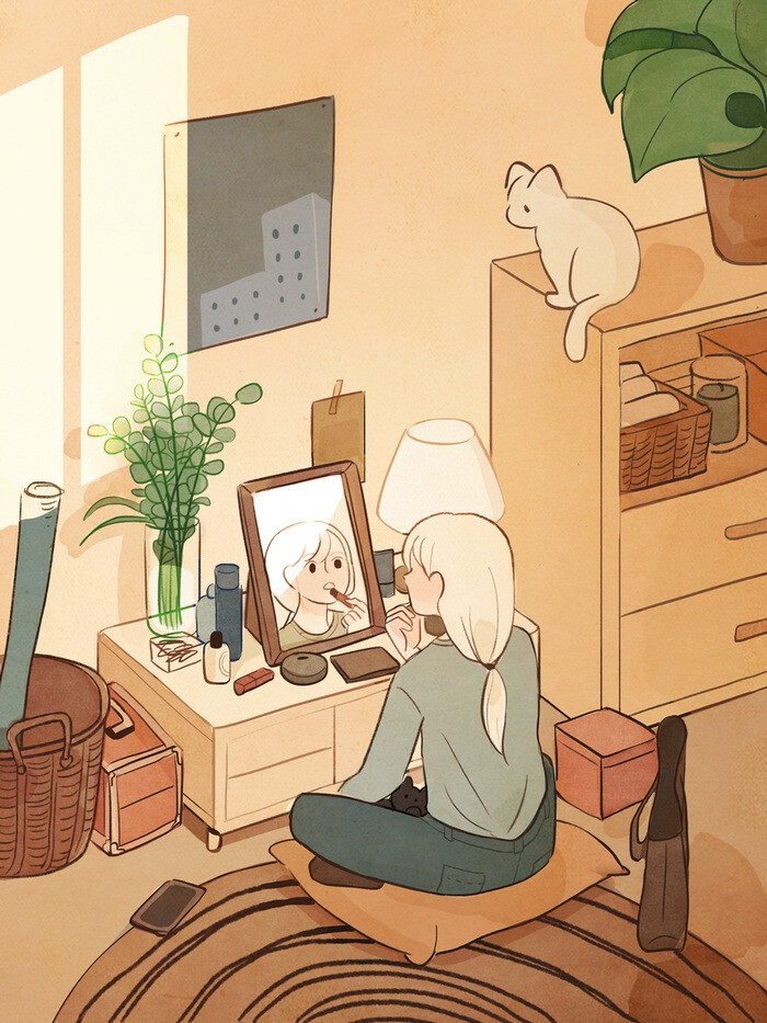 少女 猫 插画 韩国画师作品