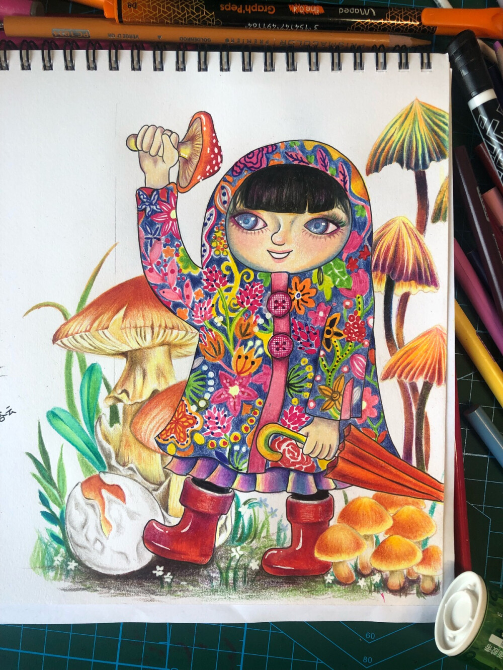 采蘑菇的小姑娘彩铅画图片