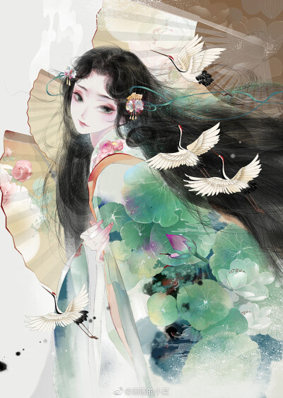 古风插画##古风##墨心绘意# 绀云分翠拢香丝,玉线界宫鸦翅.