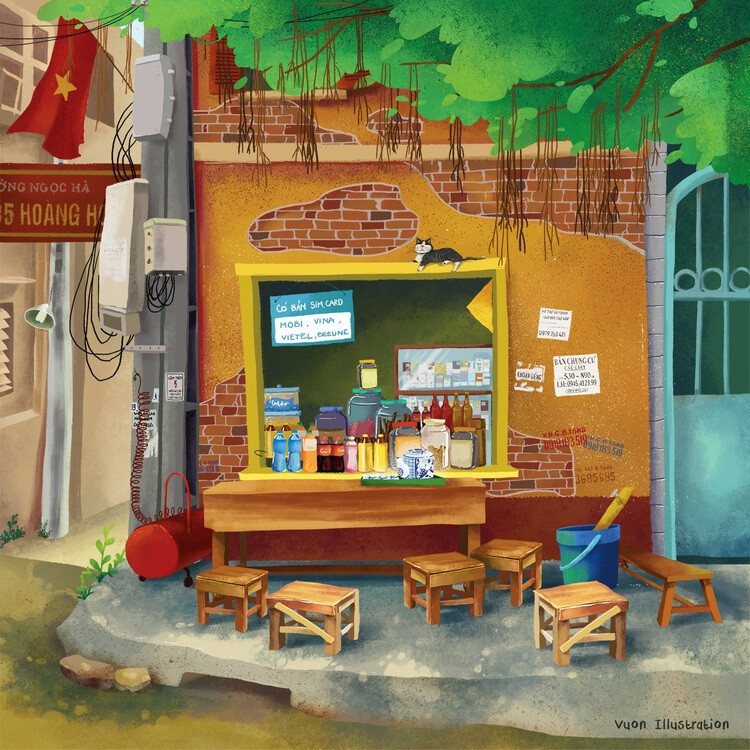 街景 街头小贩 小店 ~ 越南插画师团队vuon illustration手绘的插画