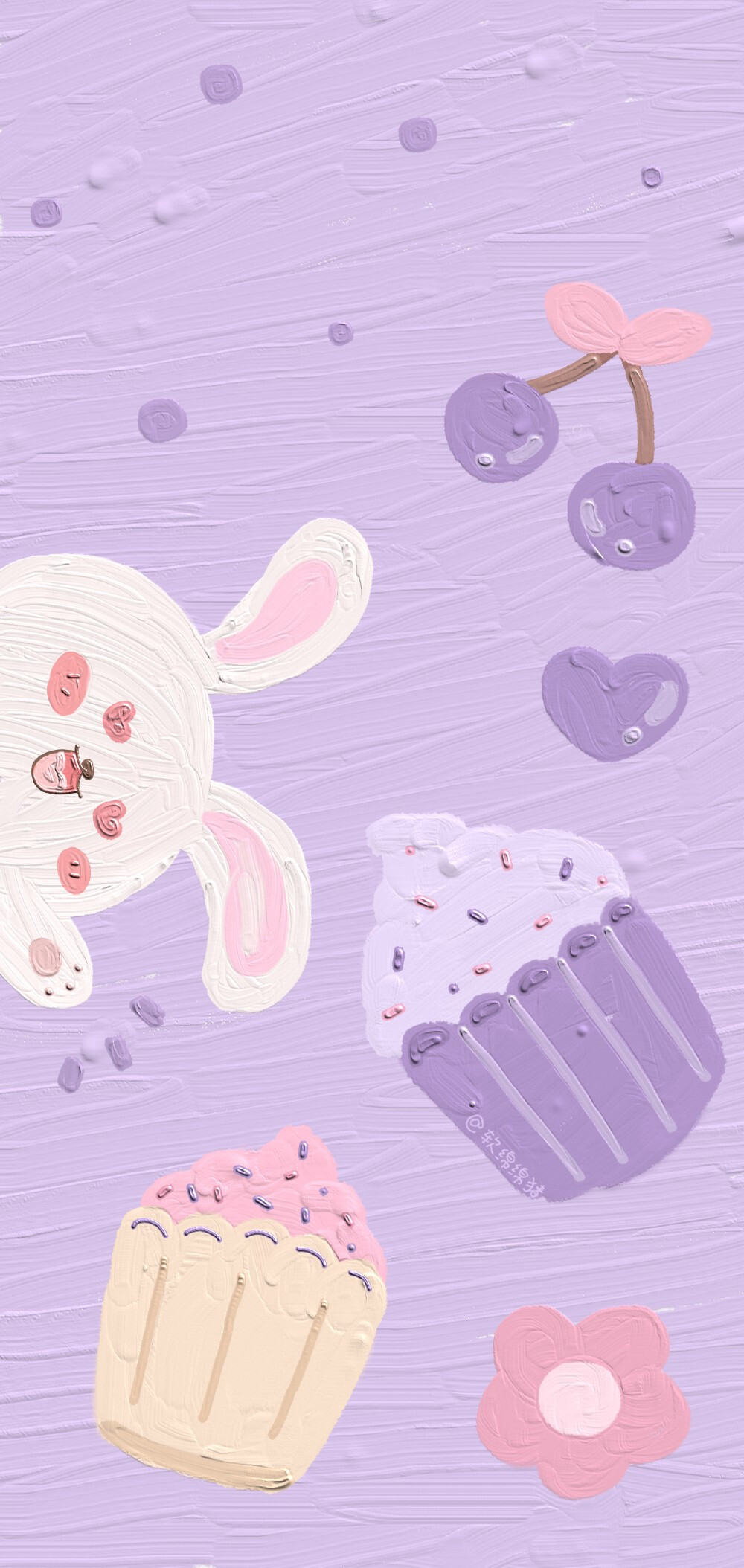 少女心可可爱爱软萌油画壁纸紫色手绘小兔小熊超萌全屏壁纸仙女加关注