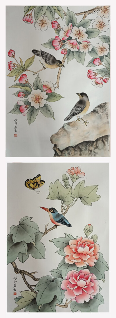 手绘国画工笔画花鸟小品.妙行居士作品.