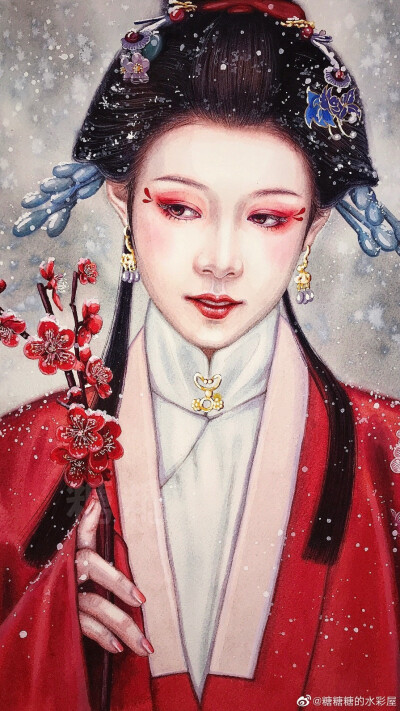 古风水彩插画人物,作者:糖糖糖的水彩屋,来自微博