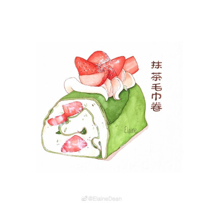 钢笔淡彩# 抹茶甜品作者:@elainedean