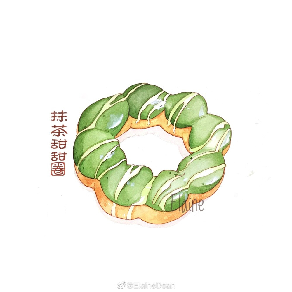 钢笔淡彩# 抹茶甜品作者:@elainedean
