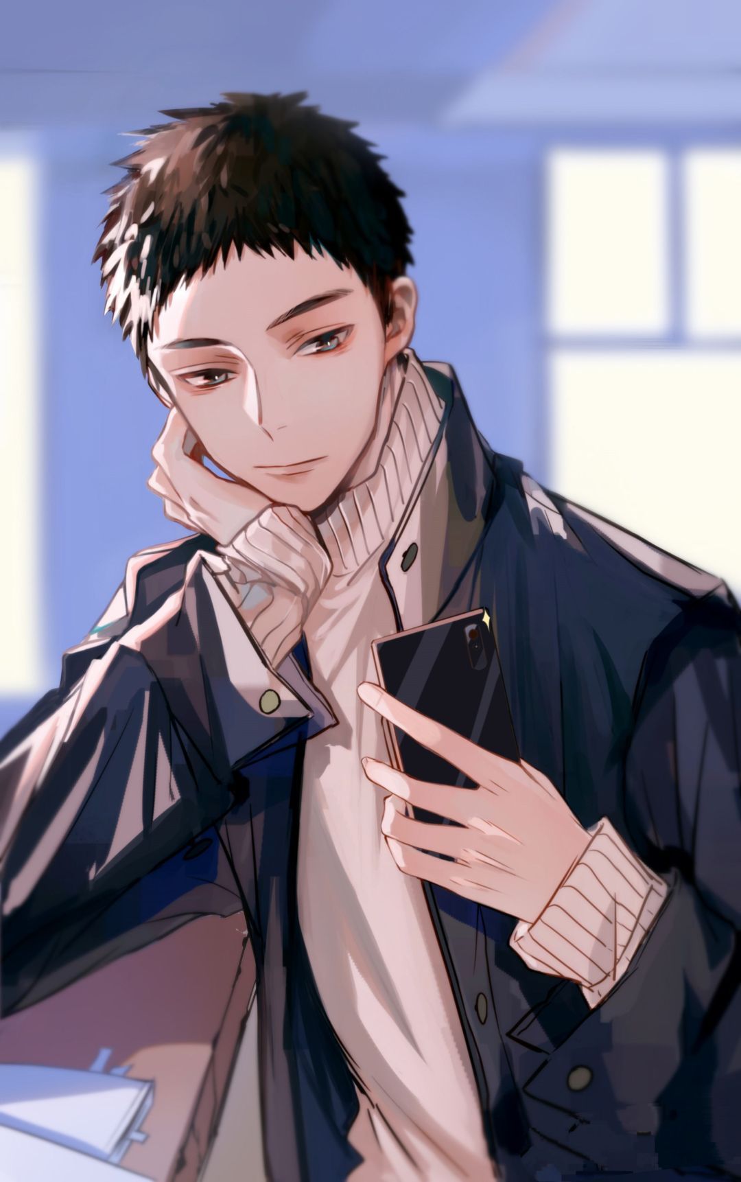 【耽美情头】男生头像 耽美 黑发少年 校服 白毛衣 撑下巴 偷拍中