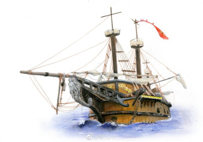 海盗船彩铅画图片