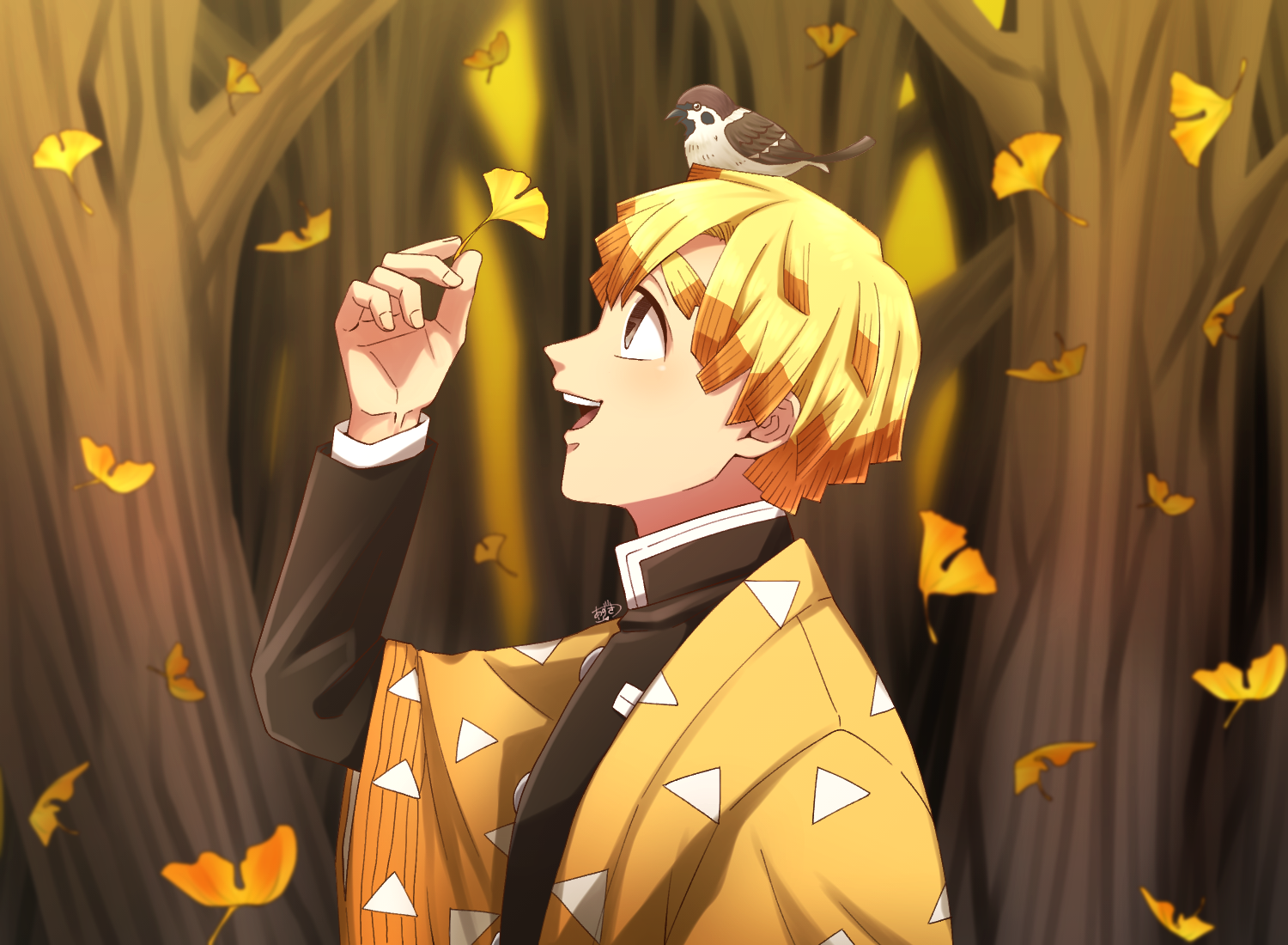 鬼灭之刃# 银杏树下的善逸(p站画师:あずき id: 78724576)