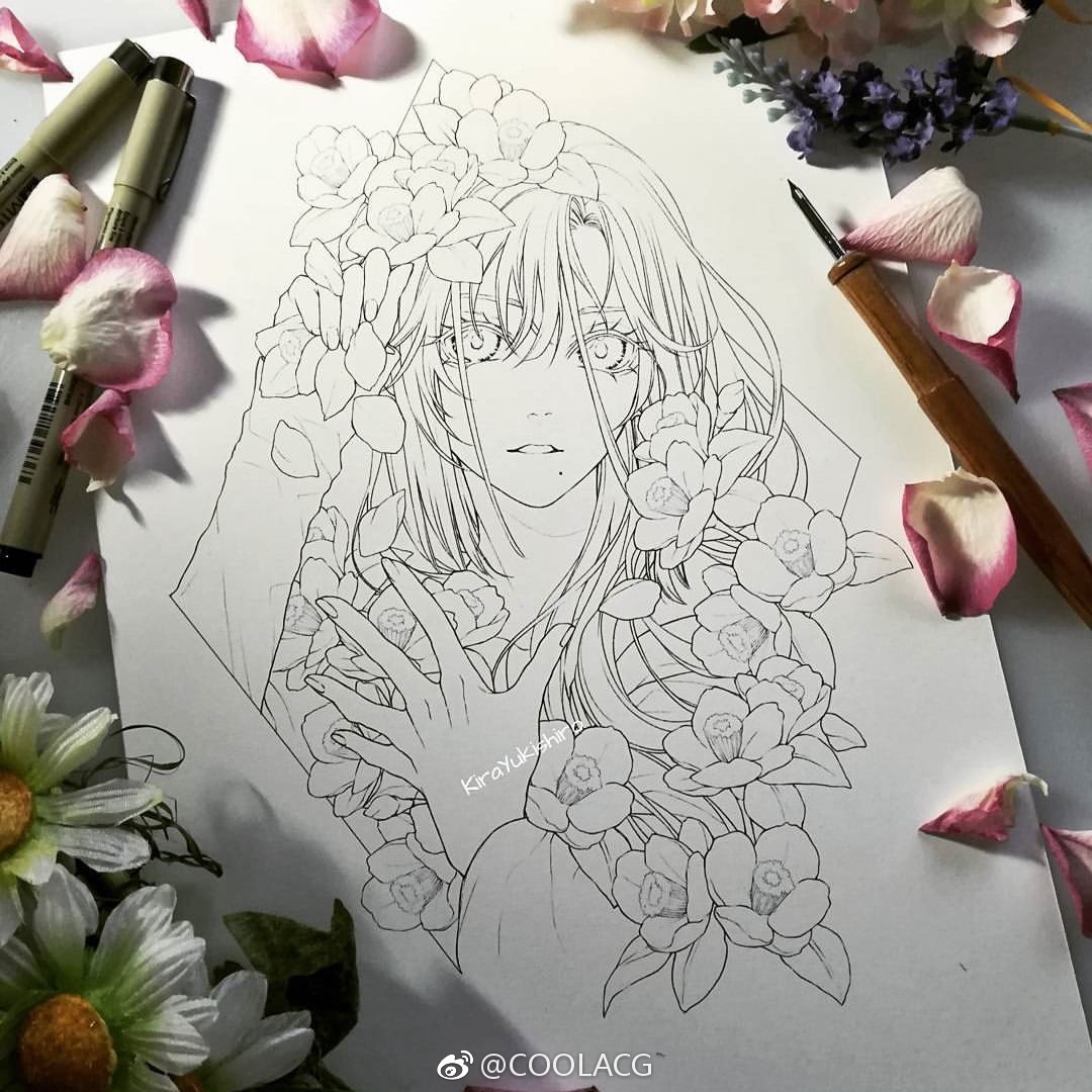 人物黑白动漫素材插画绘画线稿手绘女生男生长发短发转载