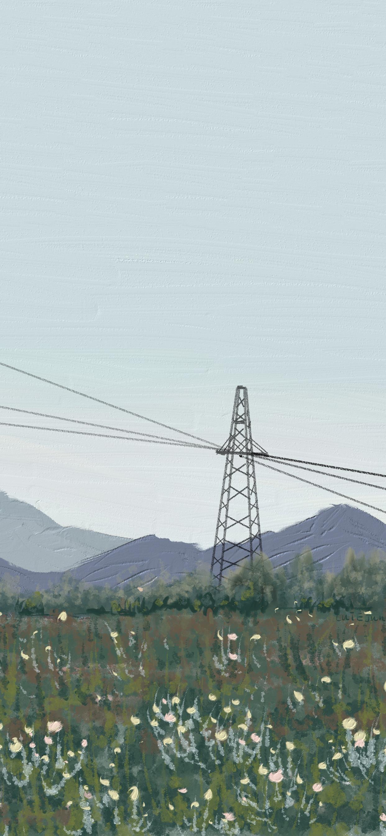 治愈系 小清新 油画 电线杆 夏天 田野 手机壁纸 全面屏壁纸