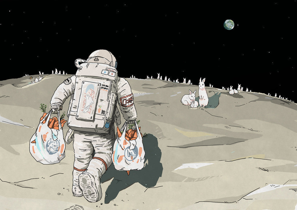 日本插画师:mina kawai 宇航员和兔子 