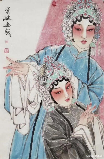 梁健戏曲人物画设色古雅,造型鲜活自然,形神兼备