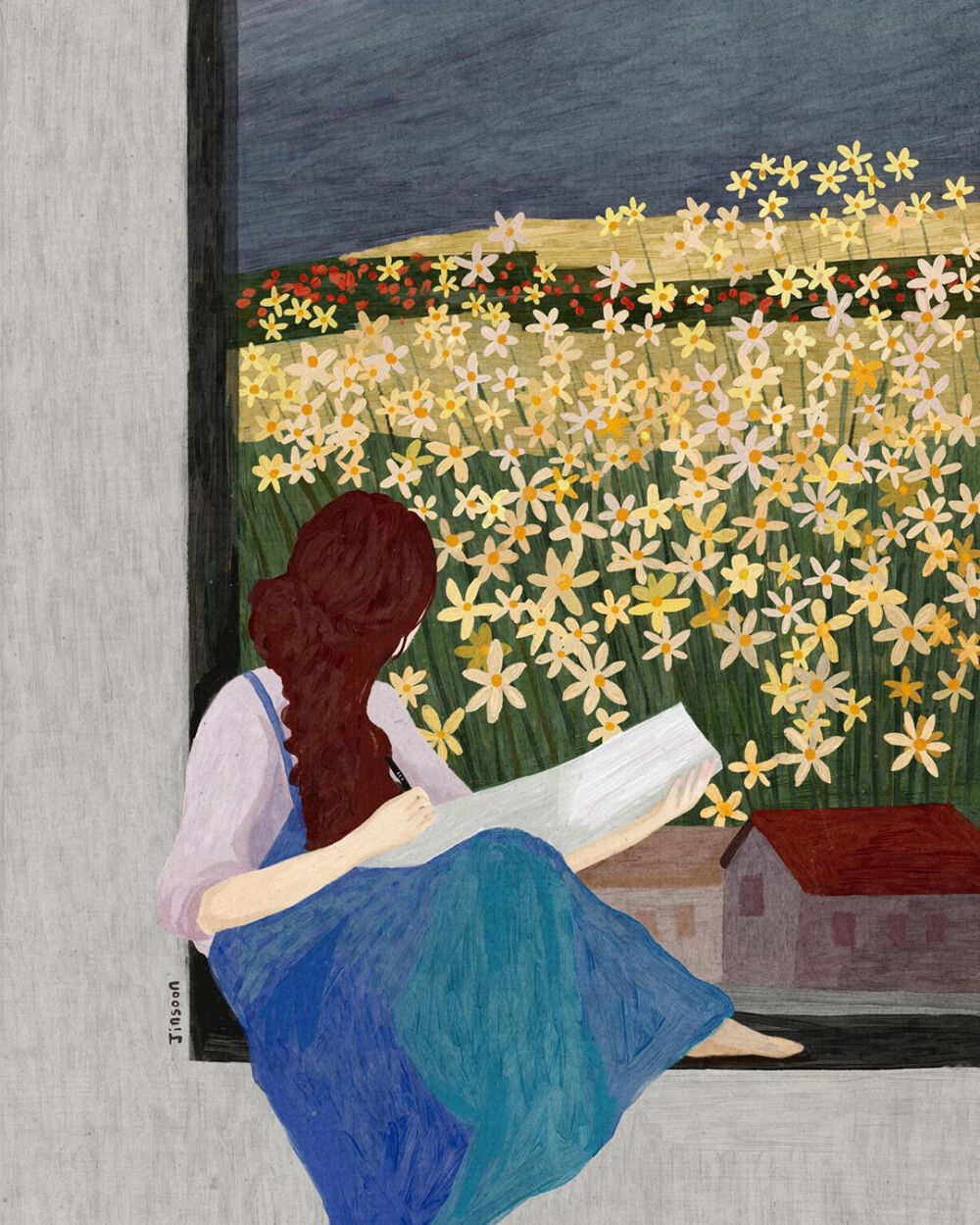 ins: jinsoon_illu 少女与花海插画艺术手绘,色彩 视觉