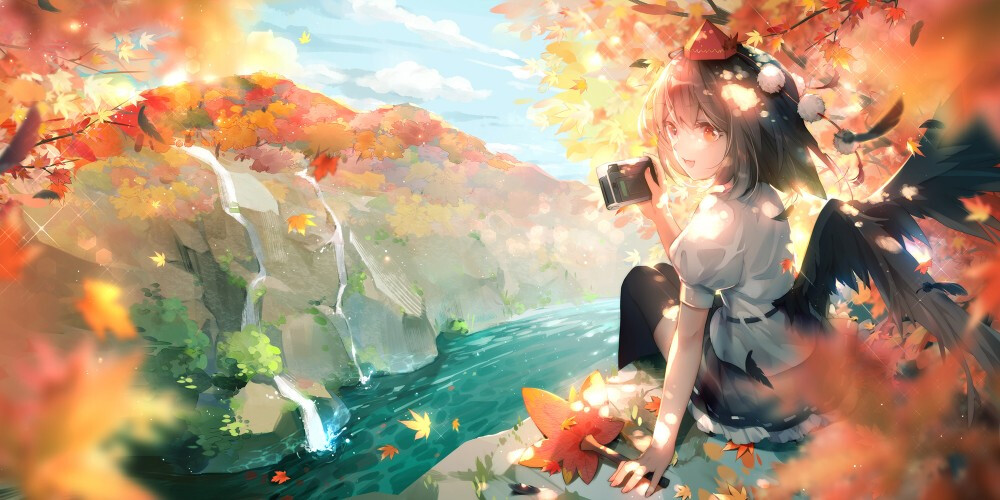 二次元 少女 山水 枫叶 唯美 色彩 绚丽 画师:rokusai