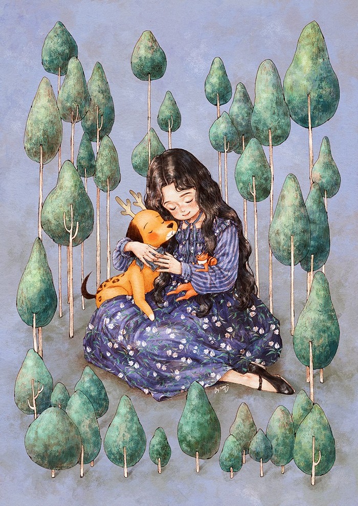 温暖的拥抱,满满的幸福感 ~ 来自韩国插画家aeppol 的「森林女孩日记