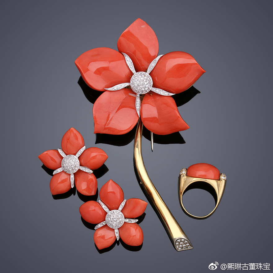 珊瑚 花朵古董珠宝套装