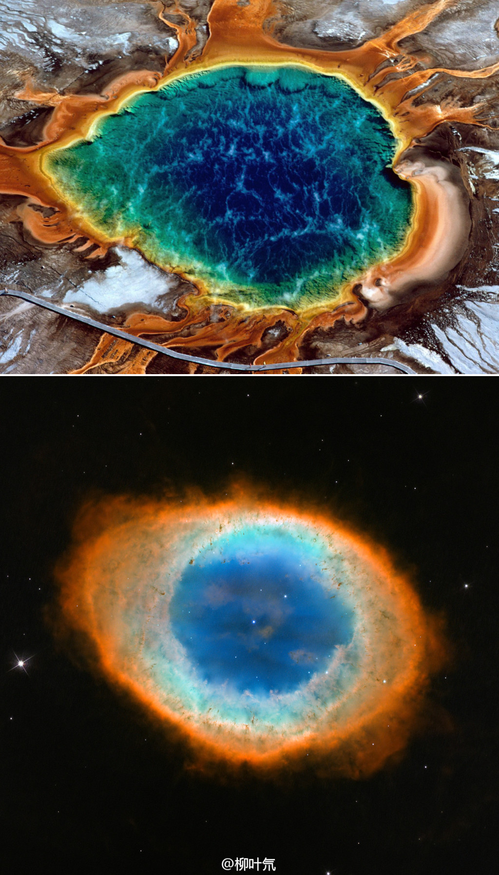 上图是黄石国家公园著名的大棱镜温泉(grand prismatic spring,下图