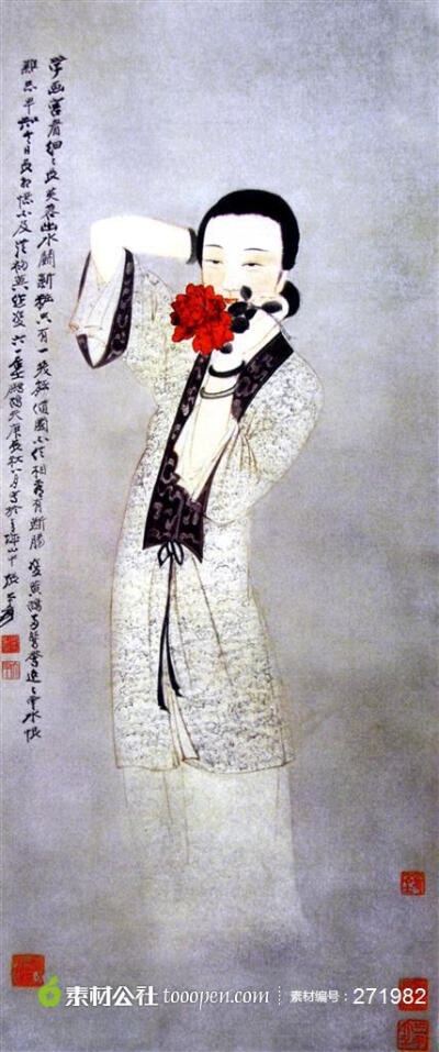 张大千中国画古代仕女图-持花侍女