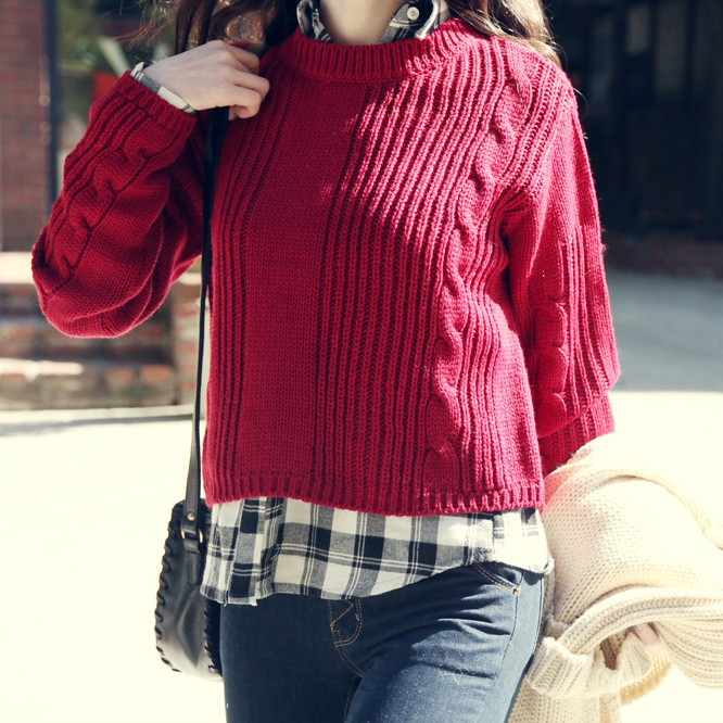 韩版复古织法修身女式毛衣 经典款百搭红色甜美小毛衣针织衫女装