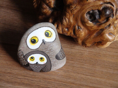 石趣部落原创手绘石头 创意礼物 可爱猫头鹰 母子
